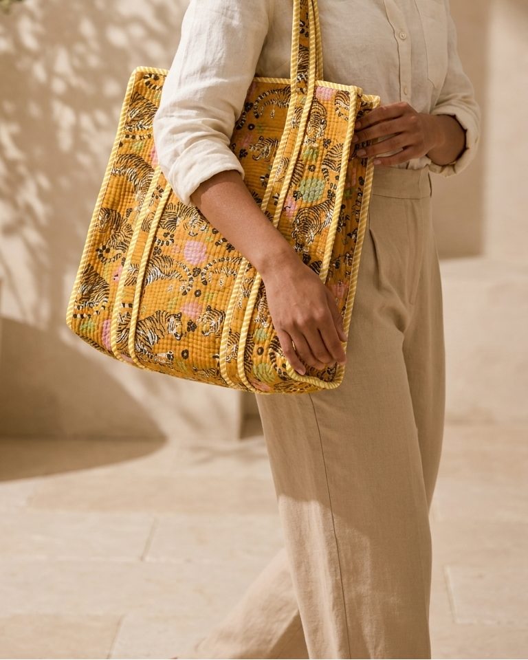 Hand Block Printed Cotton Quilted Tote Bag view 4