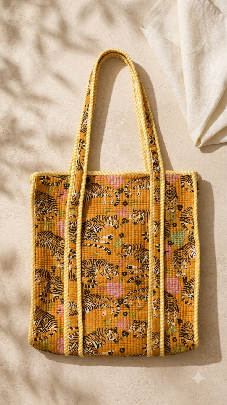 Hand Block Printed Cotton Quilted Tote Bag view 7