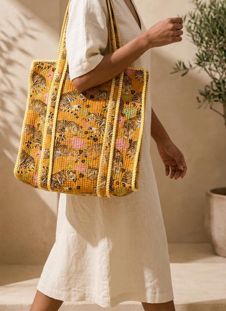 Hand Block Printed Cotton Quilted Tote Bag view 5
