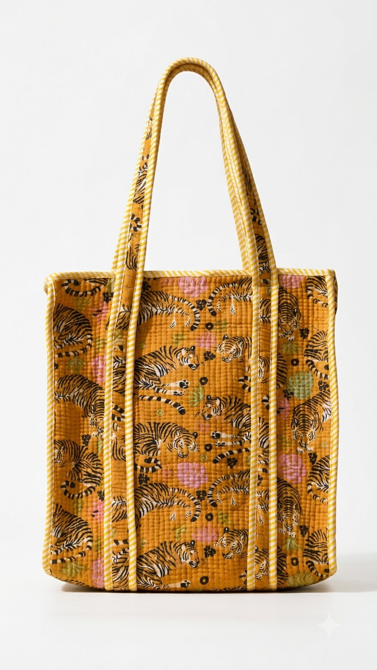 Hand Block Printed Cotton Quilted Tote Bag view 8
