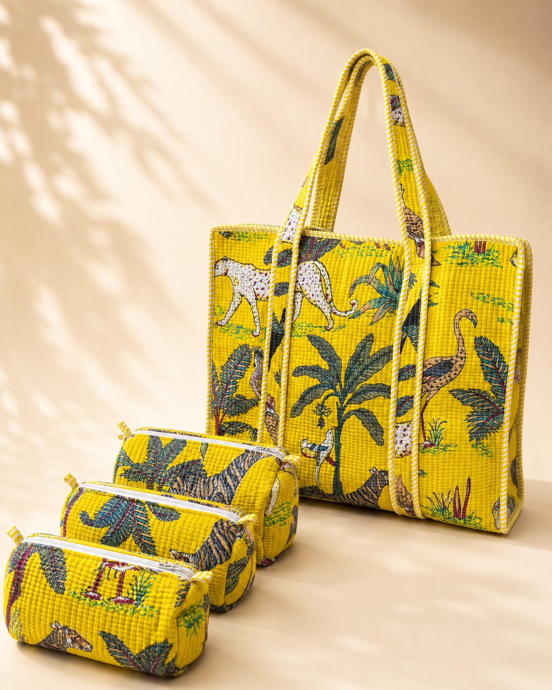 Hand Block Printed Cotton Quilted Tote Bag with Pouches ( Combo Set )