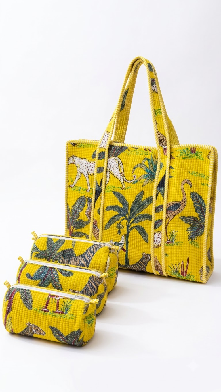 Hand Block Printed Cotton Quilted Tote Bag with Pouches ( Combo Set ) view 4