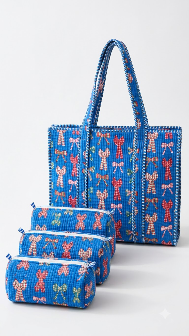 Hand Block Printed Cotton Quilted Tote Bag with Pouches ( Combo Set ) view 4