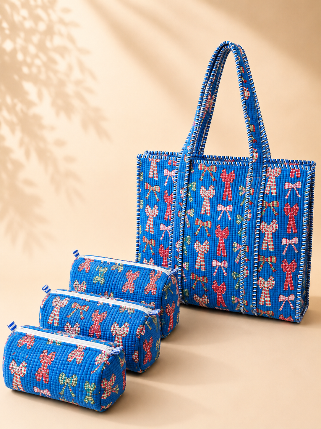 Hand Block Printed Cotton Quilted Tote Bag with Pouches ( Combo Set )