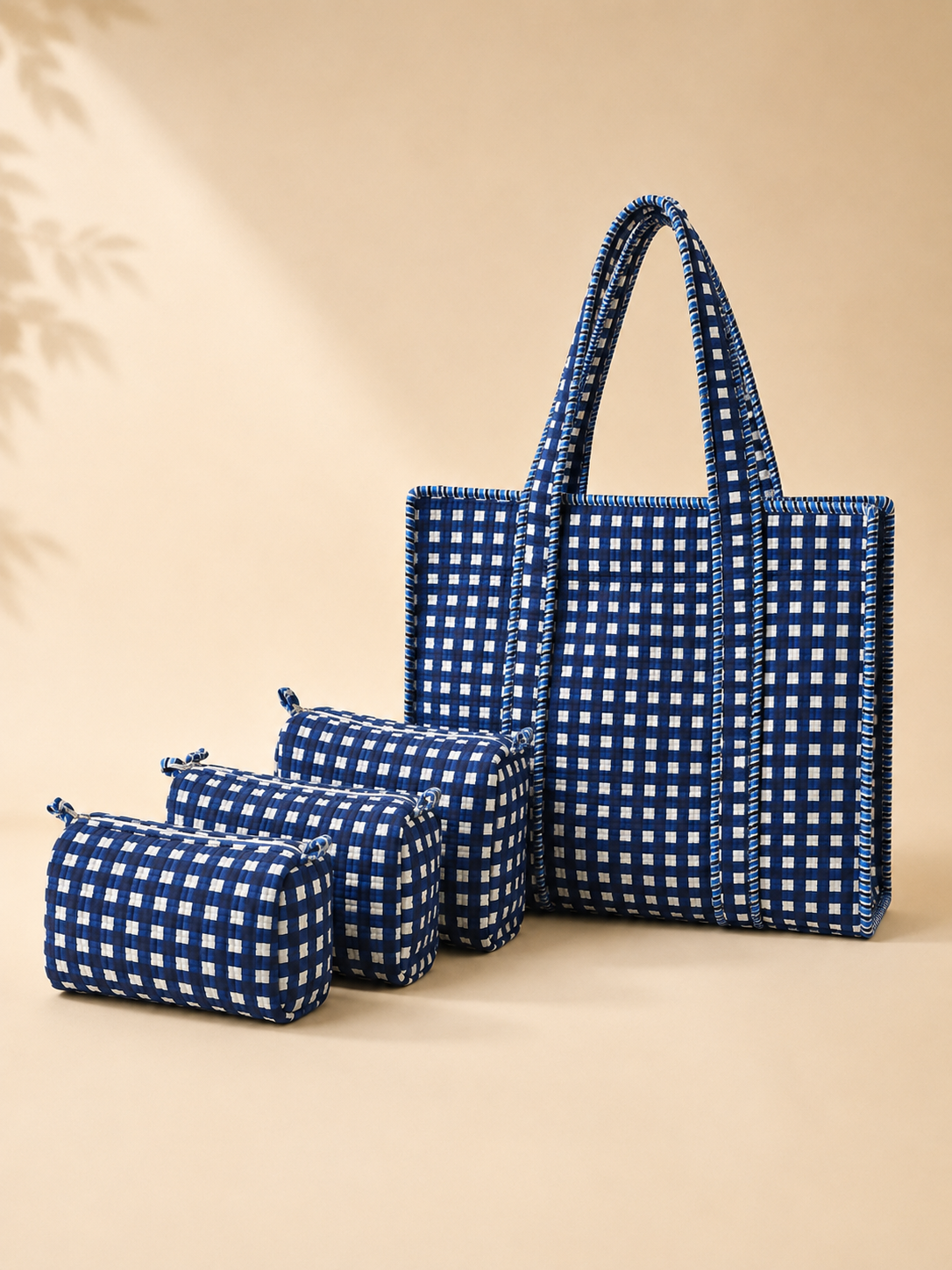 Hand Block Printed Cotton Quilted Tote Bag with Pouches ( Combo Set )