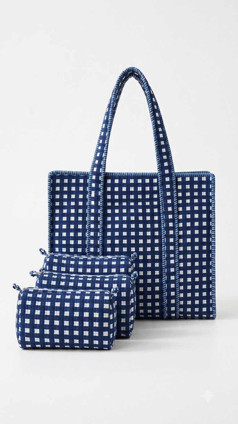 Hand Block Printed Cotton Quilted Tote Bag with Pouches ( Combo Set ) view 4