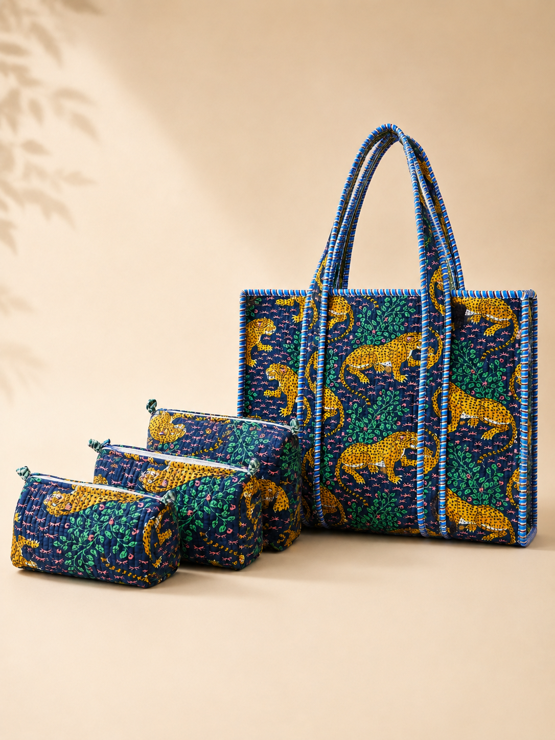 Hand Block Printed Cotton Quilted Tote Bag with Pouches ( Combo Set )