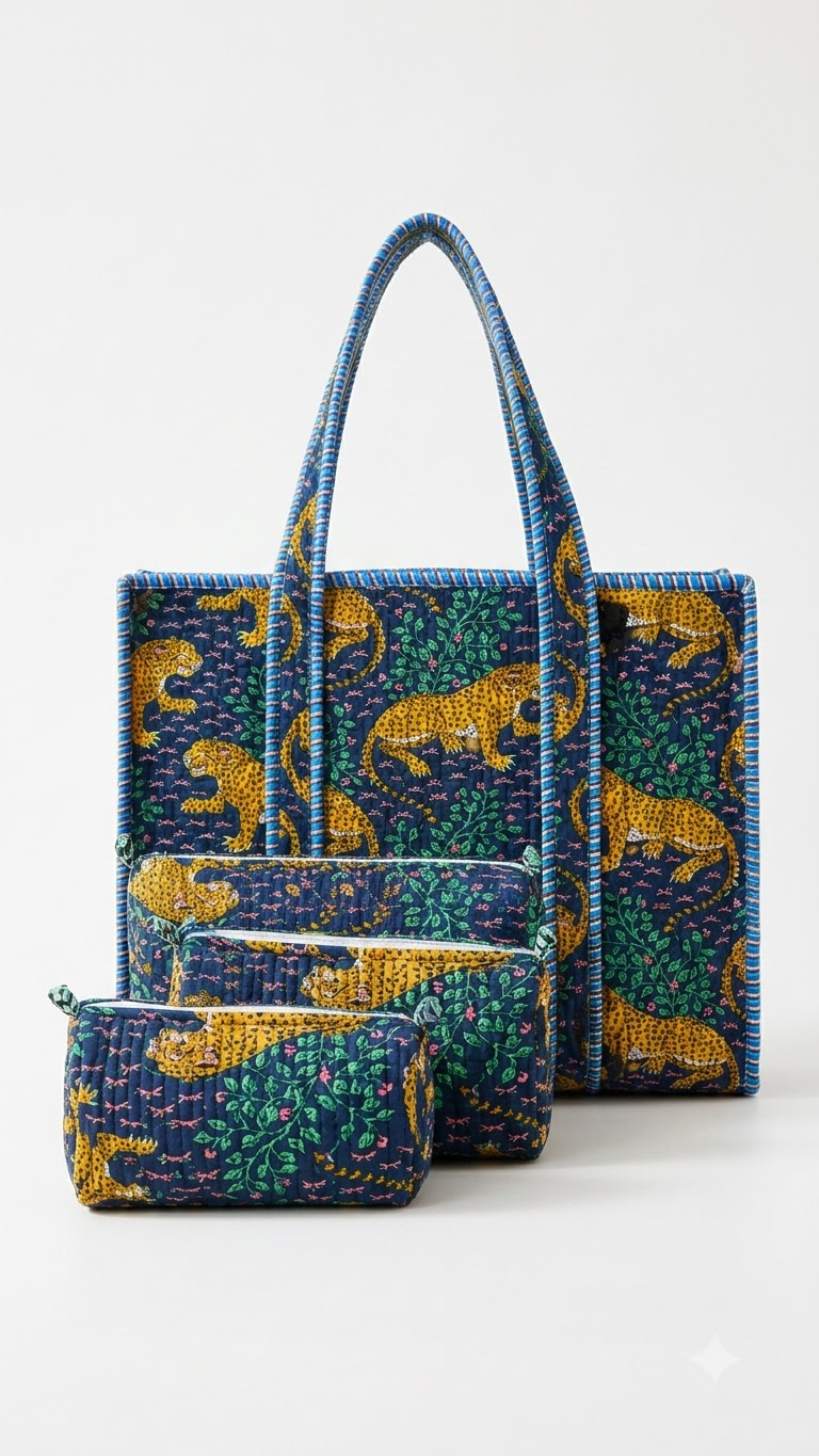 Hand Block Printed Cotton Quilted Tote Bag with Pouches ( Combo Set ) view 4