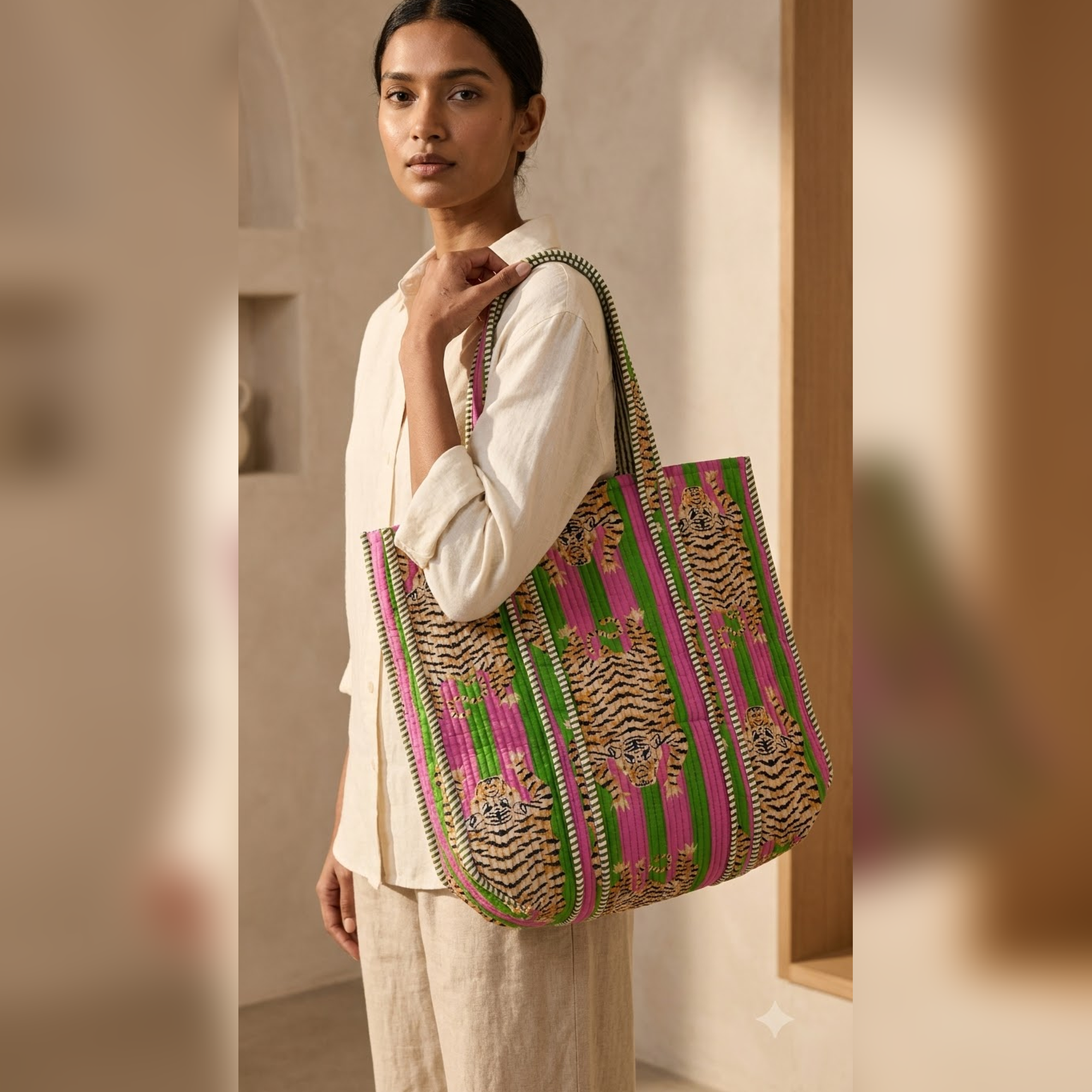 Hand Block Printed Cotton Quilted Tote Bag view 6