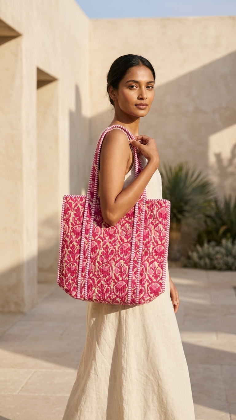 Hand Block Printed Cotton Quilted Tote Bag view 8