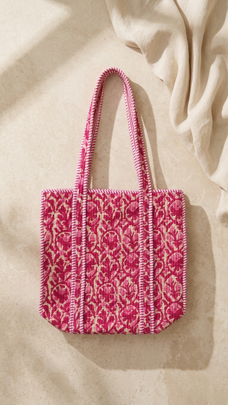 Hand Block Printed Cotton Quilted Tote Bag view 4