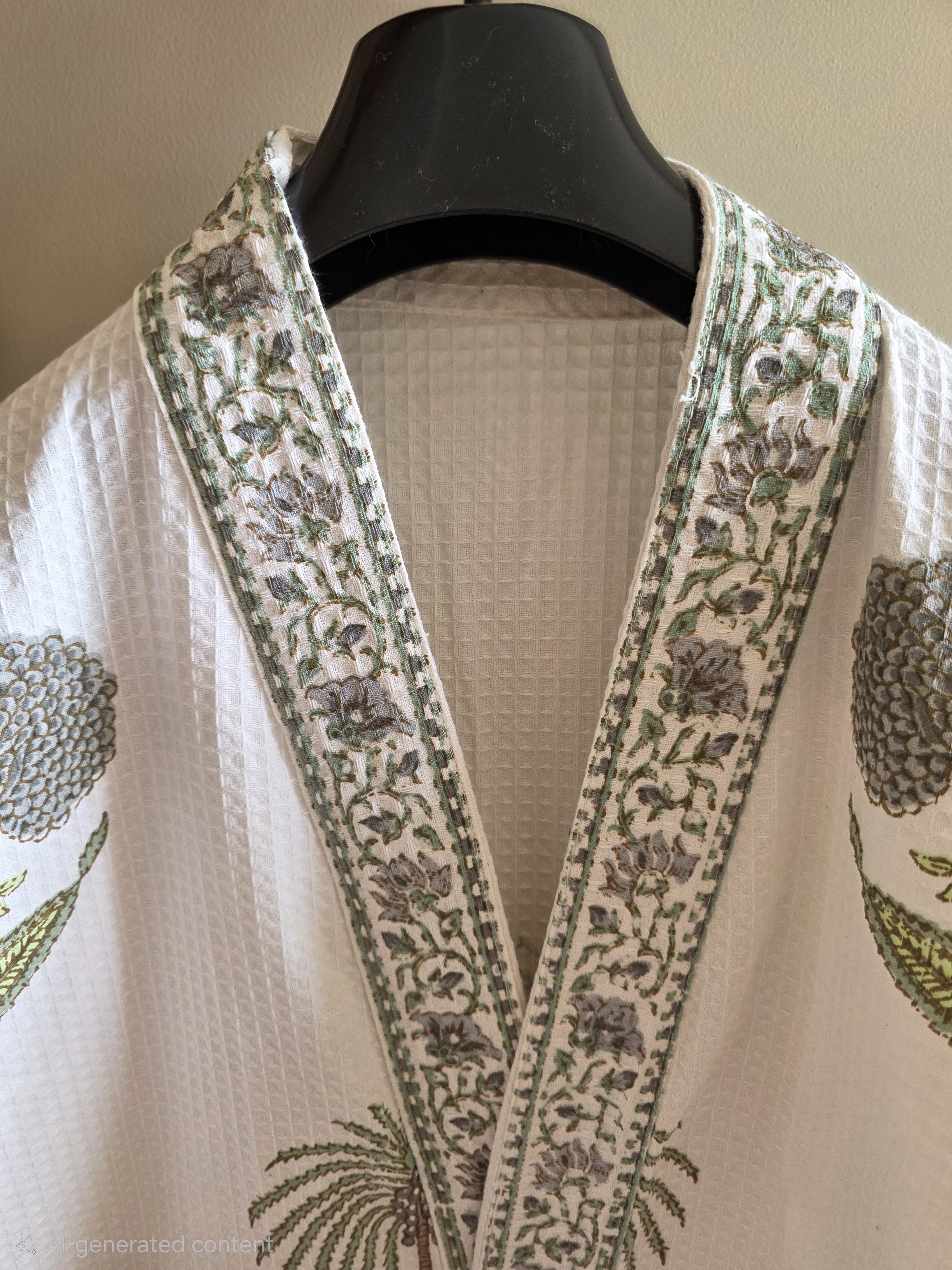 Hand Block Printed Cotton Waffle Bathrobe view 8
