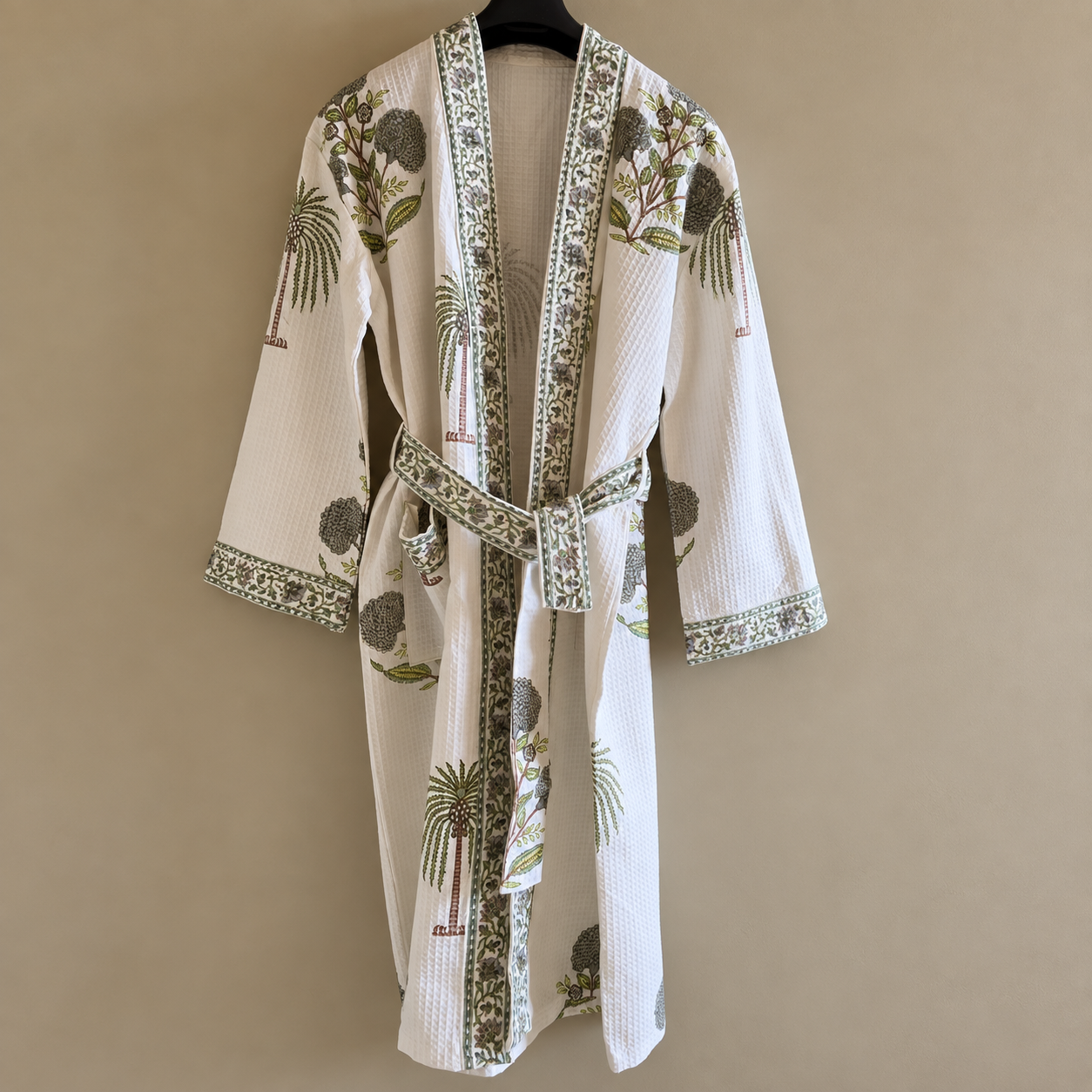 Hand Block Printed Cotton Waffle Bathrobe view 2