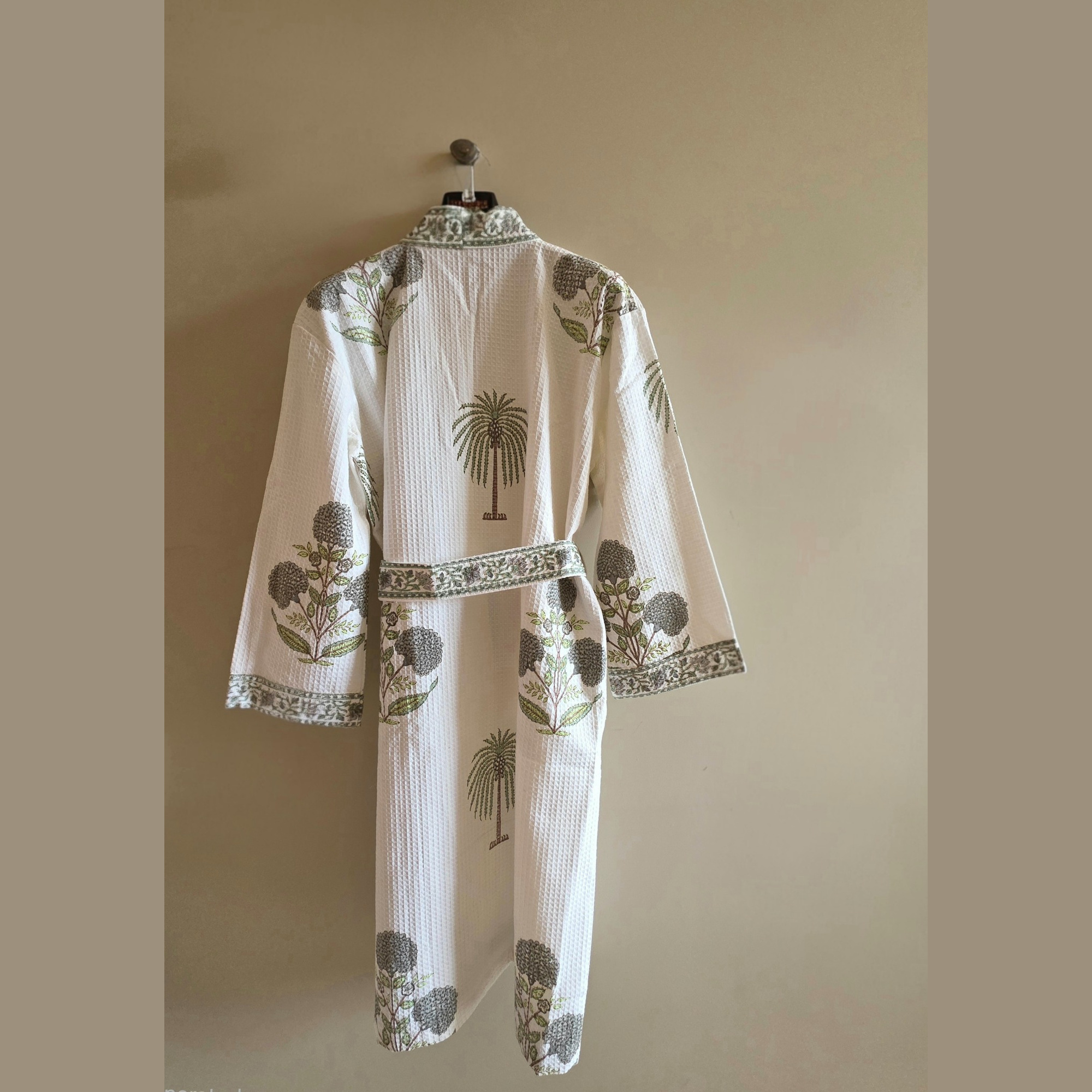 Hand Block Printed Cotton Waffle Bathrobe view 3