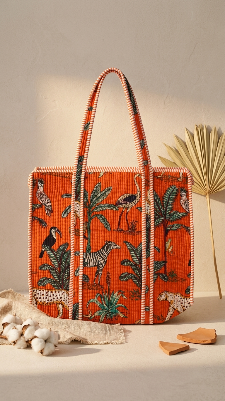 Hand Block Printed Cotton Quilted Tote Bag view 4