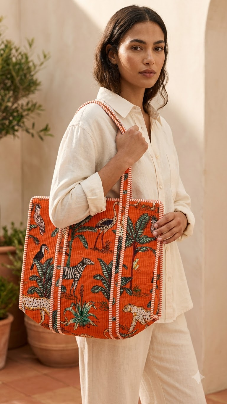 Hand Block Printed Cotton Quilted Tote Bag view 8