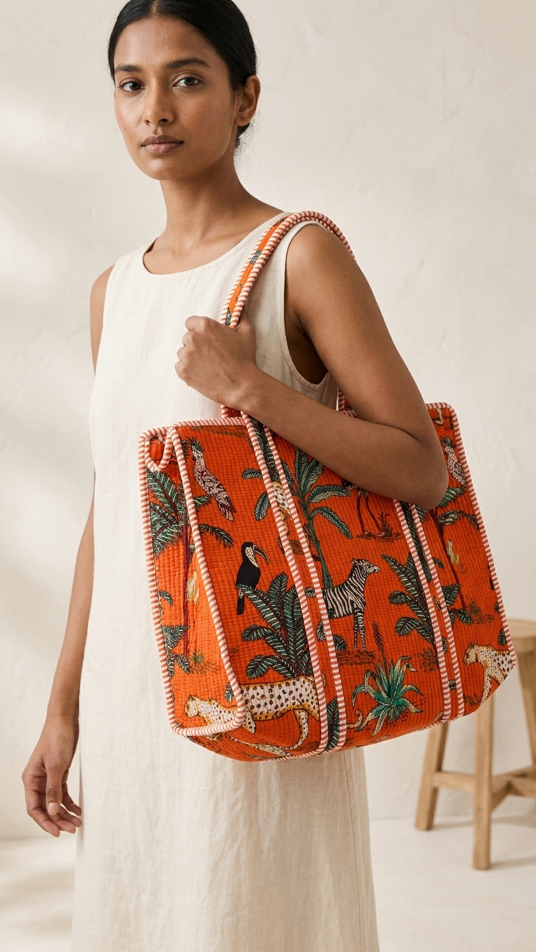 Hand Block Printed Cotton Quilted Tote Bag view 6