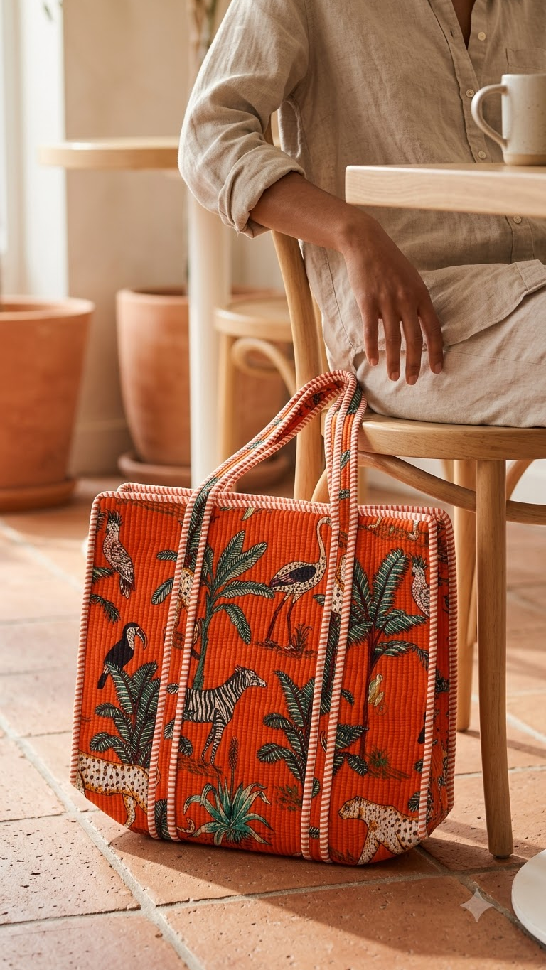 Hand Block Printed Cotton Quilted Tote Bag view 9