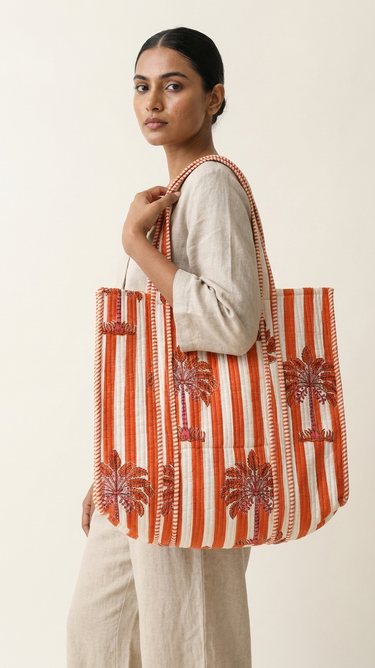 Hand Block Printed Cotton Quilted Tote Bag view 5