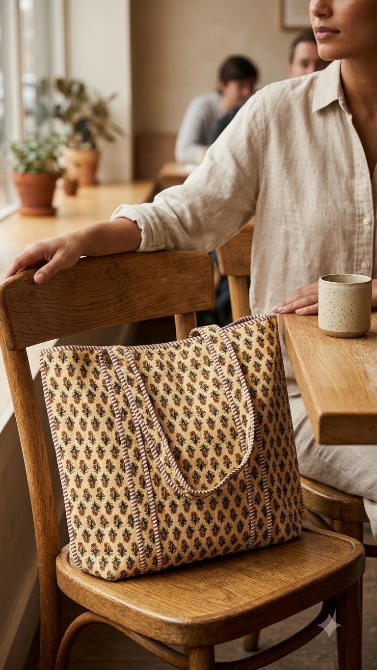 Hand Block Printed Cotton Quilted Tote Bag view 9