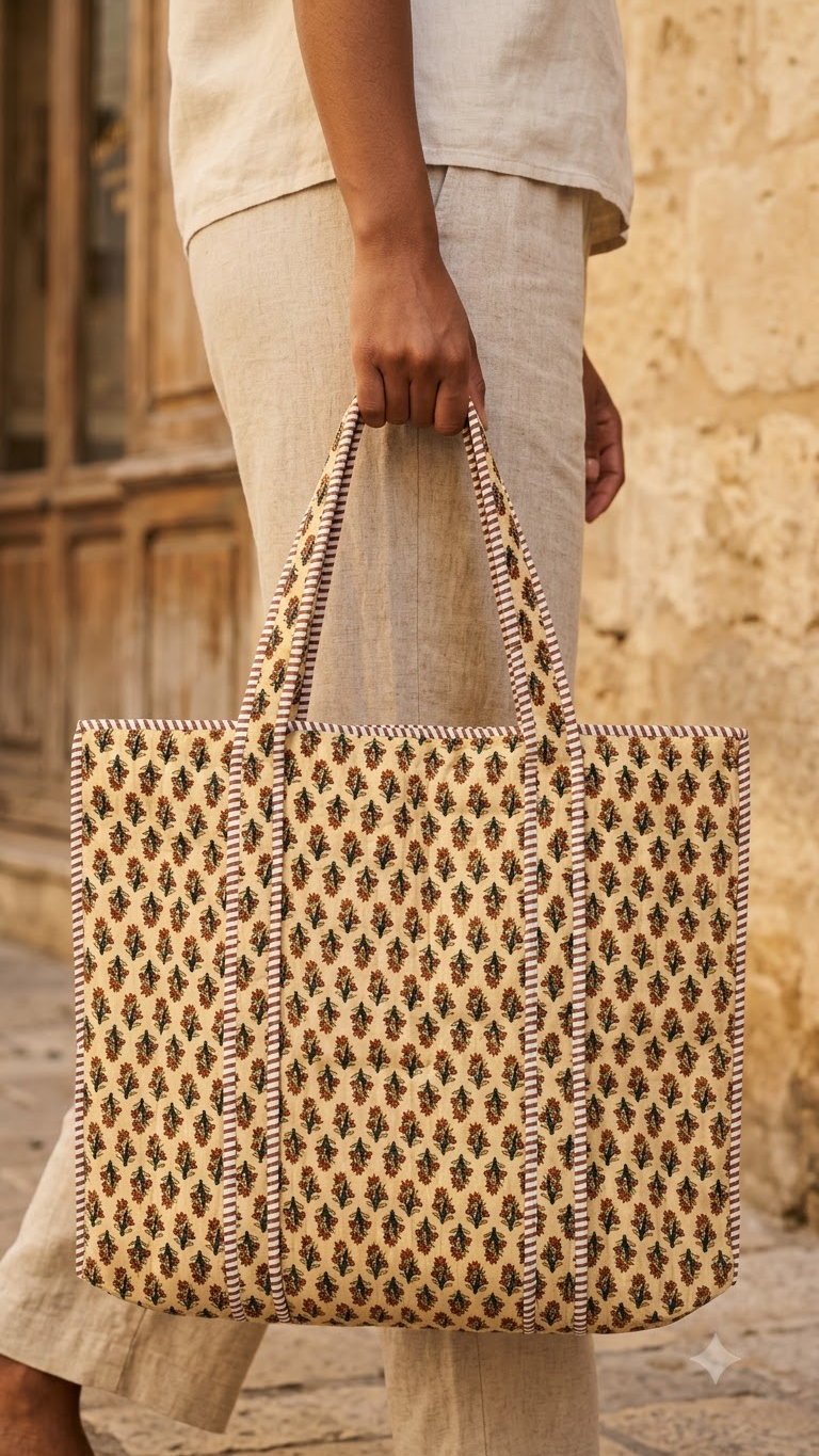 Hand Block Printed Cotton Quilted Tote Bag view 6